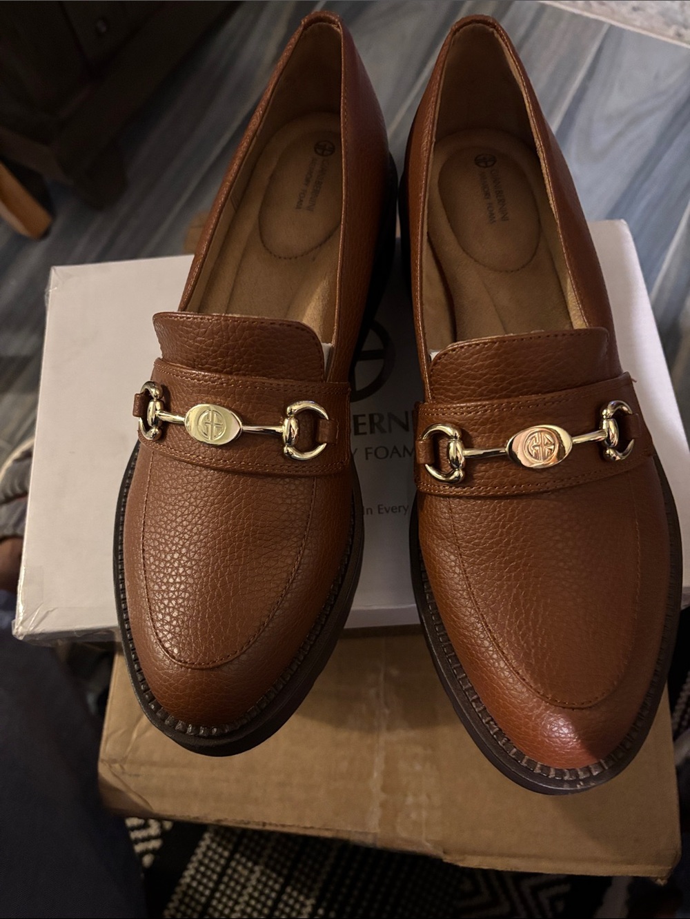Gianni Bini Brown Leather Loafers with Gold Bit. Size 10M  slim